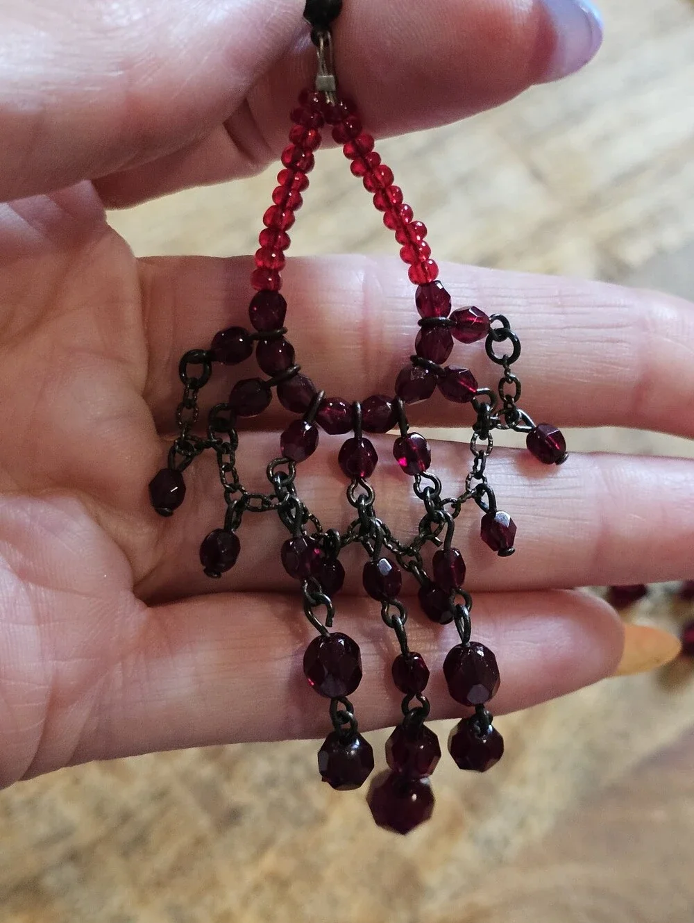 Ruby Red Beaded Chandelier Earrings w/ Gunmetal Hardware
